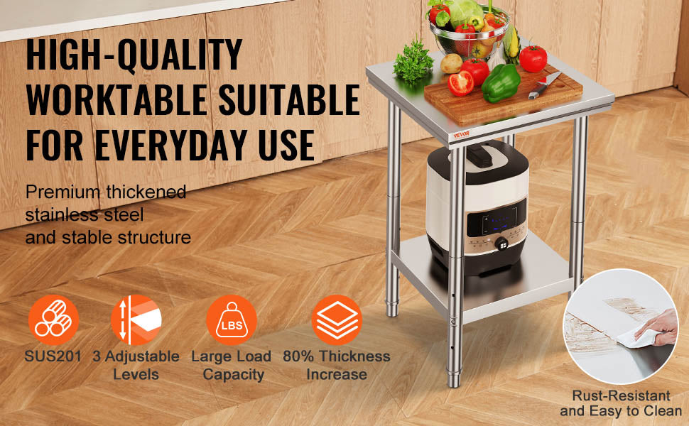 Stainless Steel Work Table with Adjustable Shelf Heavy Duty Prep Station