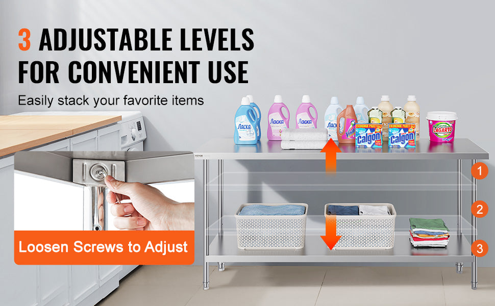 Stainless Steel Prep Table with Adjustable Shelf for Kitchen Use