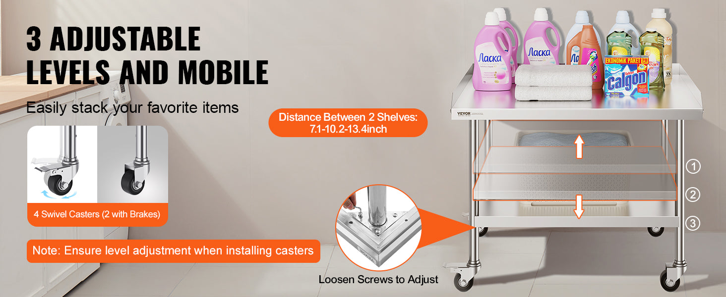 Stainless Steel Work Table with Wheels and Adjustable Shelf