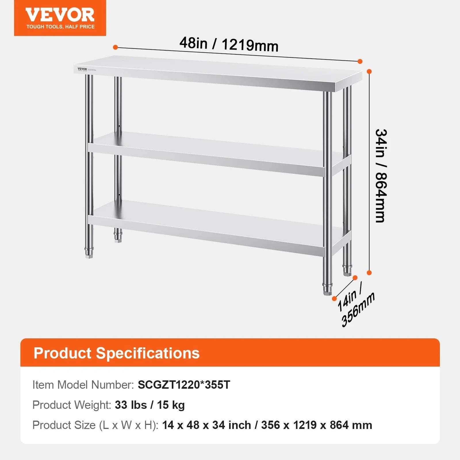 Stainless Steel Work Table with Adjustable Shelf 14x48 Inch-14x48inch / United States