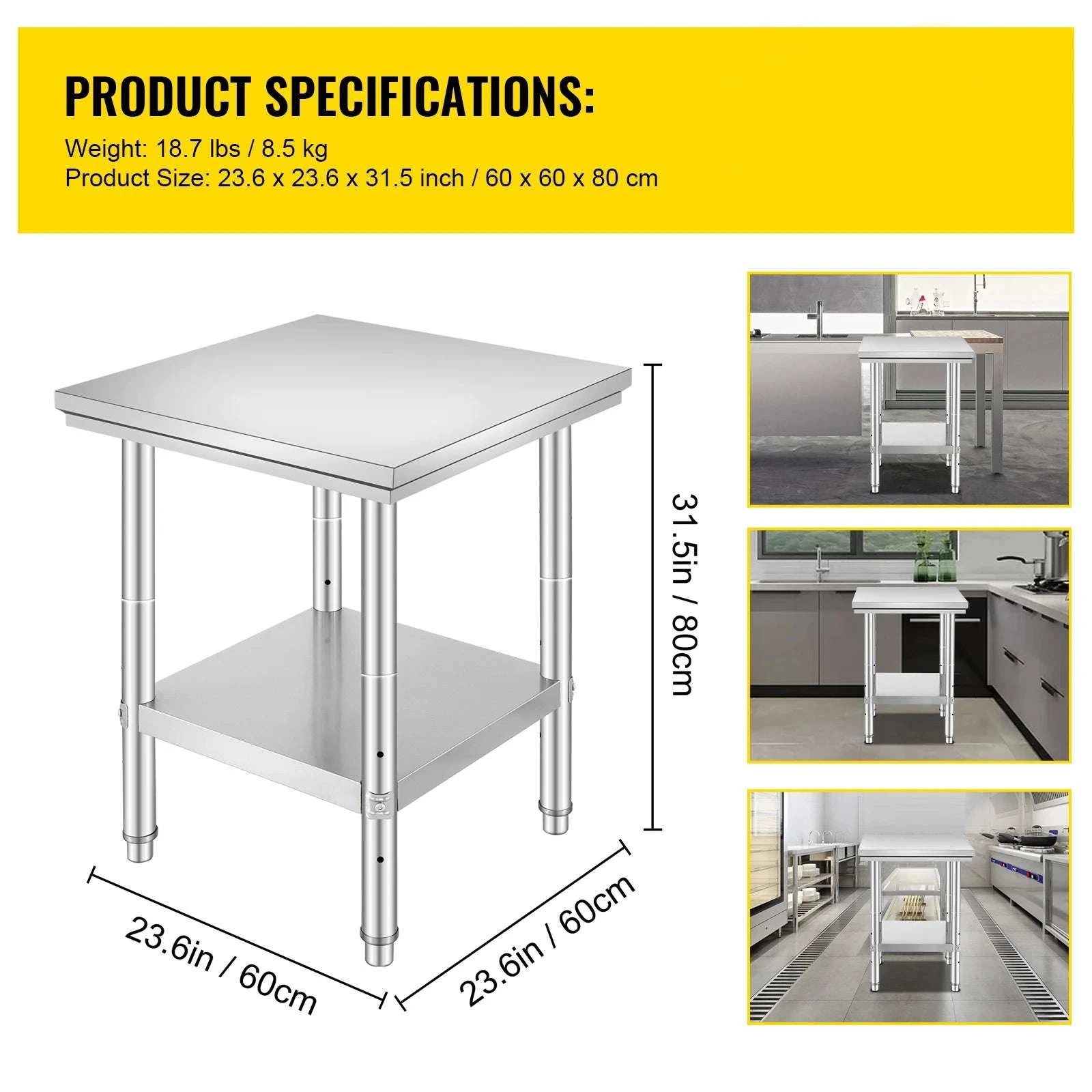 Stainless Steel Work Table with Adjustable Shelf Heavy Duty Prep Station-60X90X80cm / United States