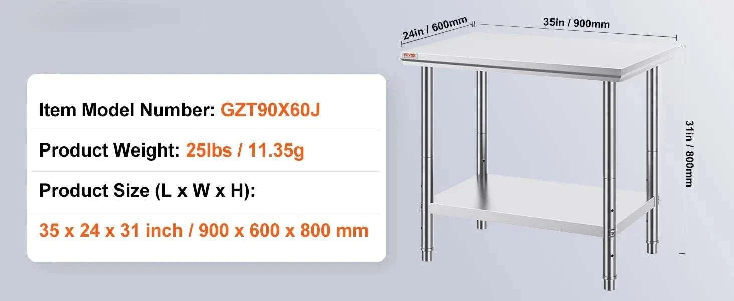Stainless Steel Work Table with Adjustable Shelf Heavy Duty Prep Station-60X90X80cm / United States