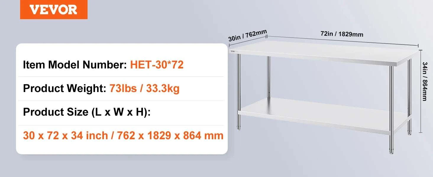 Stainless Steel Work Table with Adjustable Shelves for Kitchen Use-30x60 / United States