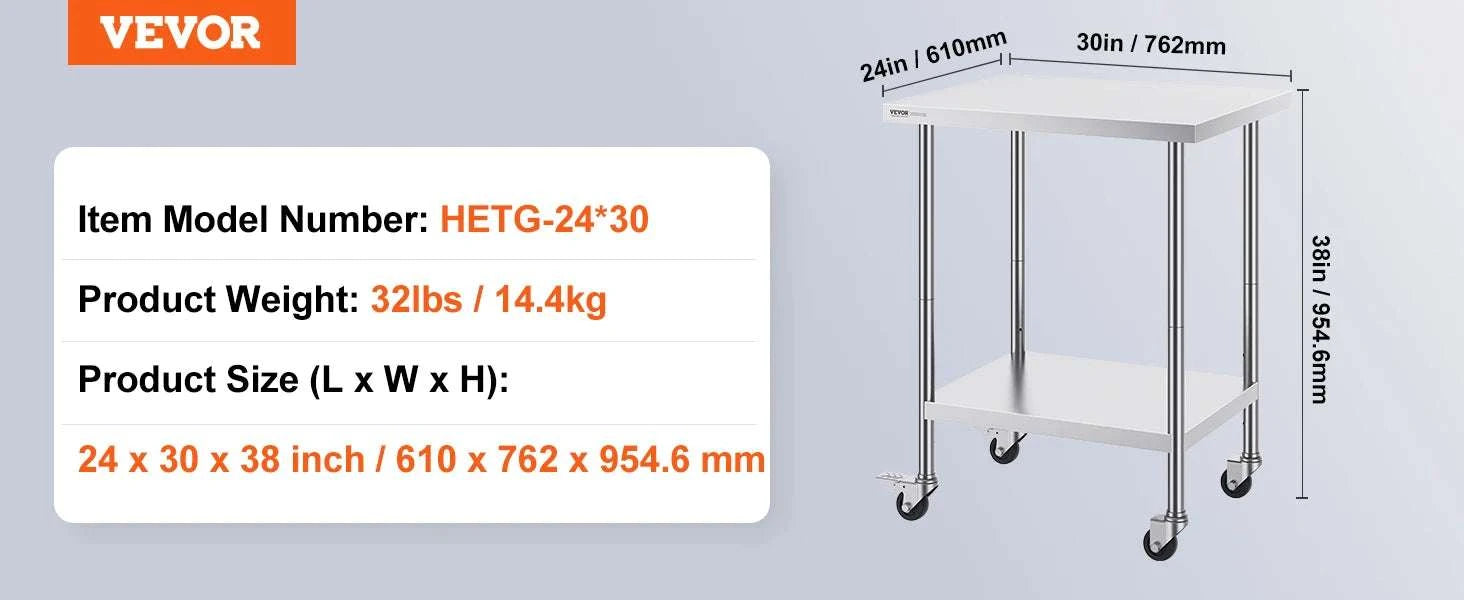 Stainless Steel Work Table with Wheels, Adjustable Shelf, 500 lb Capacity-24x36inch / United States
