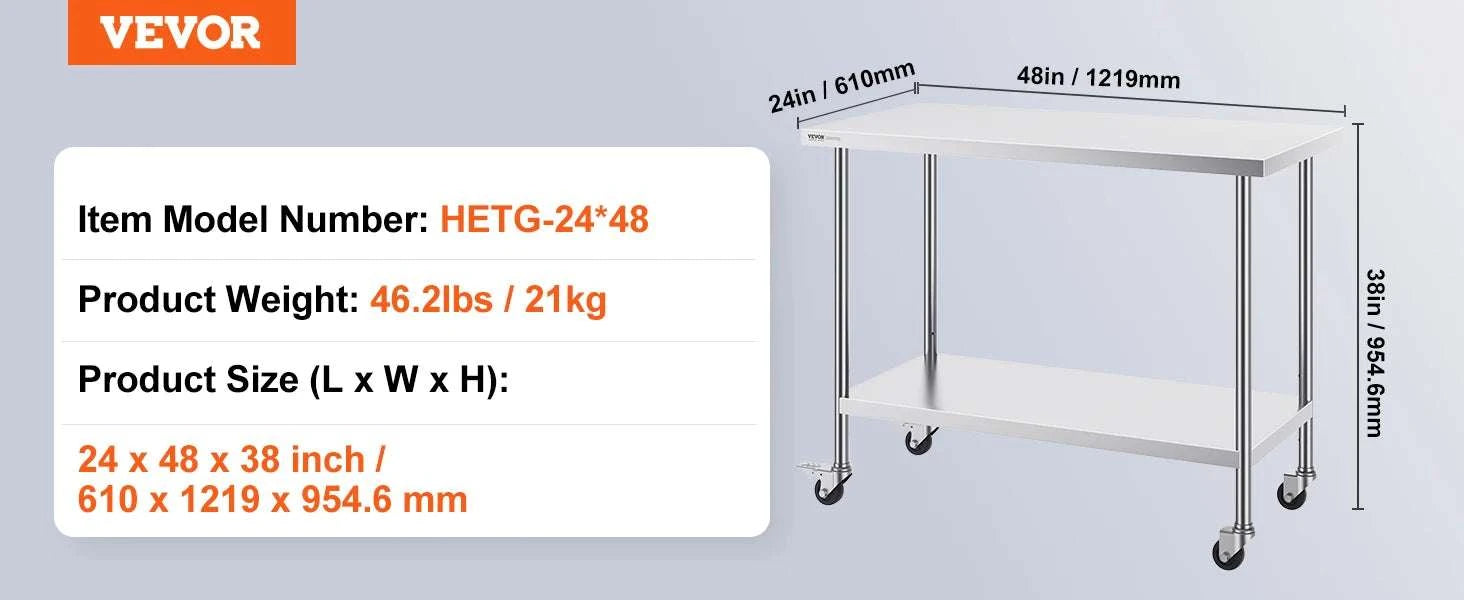Stainless Steel Work Table with Wheels, Adjustable Shelf, 500 lb Capacity-24x36inch / United States