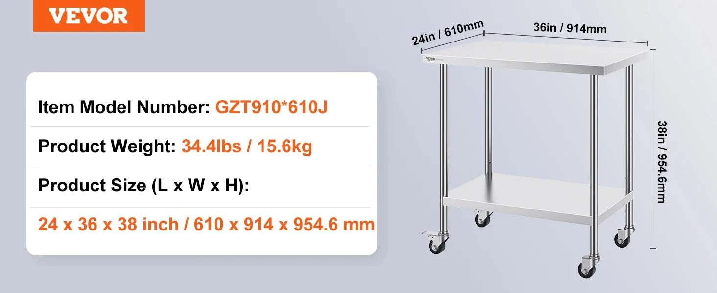 Stainless Steel Work Table with Wheels, Adjustable Shelf, 500 lb Capacity-24x36inch / United States