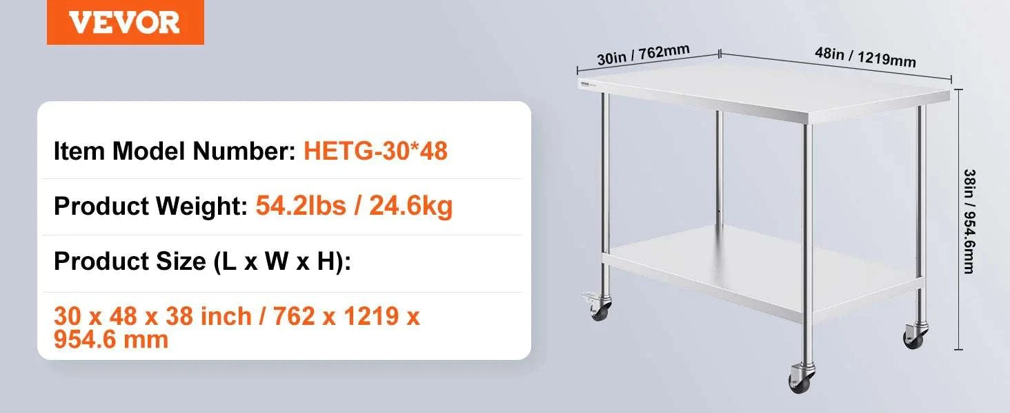 Stainless Steel Work Table with Wheels, Adjustable Shelf, 500 lb Capacity-24x36inch / United States