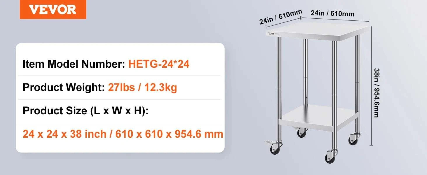 Stainless Steel Work Table with Wheels, Adjustable Shelf, 500 lb Capacity-24x36inch / United States