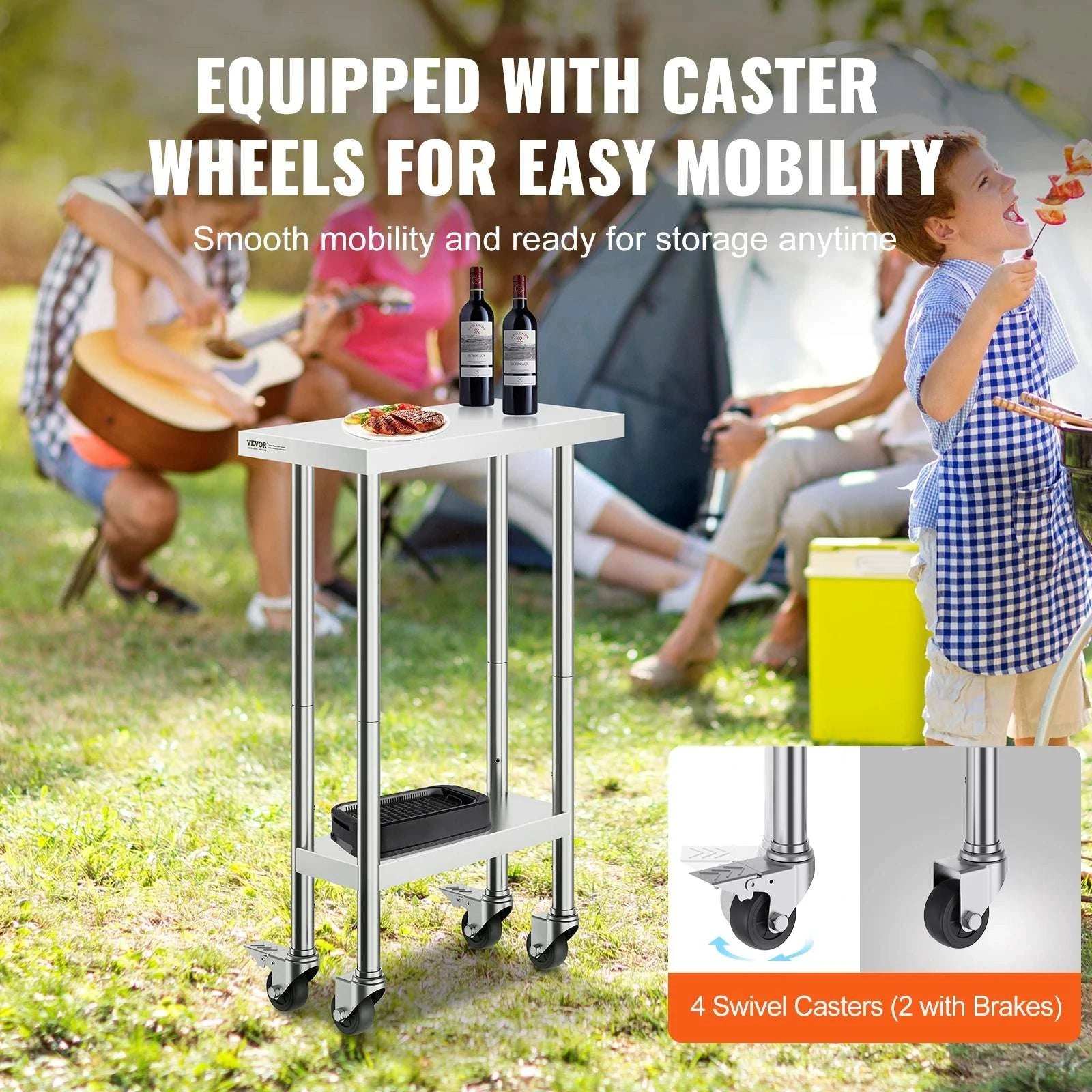 Stainless Steel Work Table with Wheels, Adjustable Shelf, 500 lb Capacity-24x36inch / United States