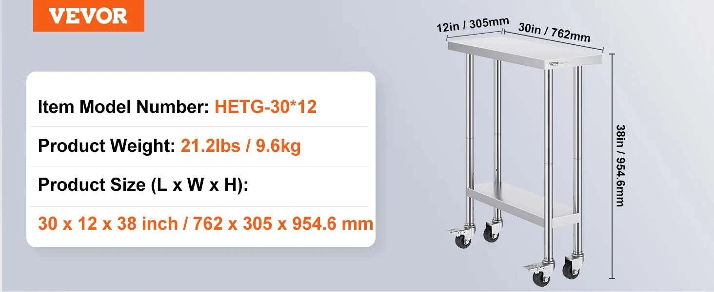 Stainless Steel Work Table with Wheels, Adjustable Shelf, 500 lb Capacity-24x36inch / United States