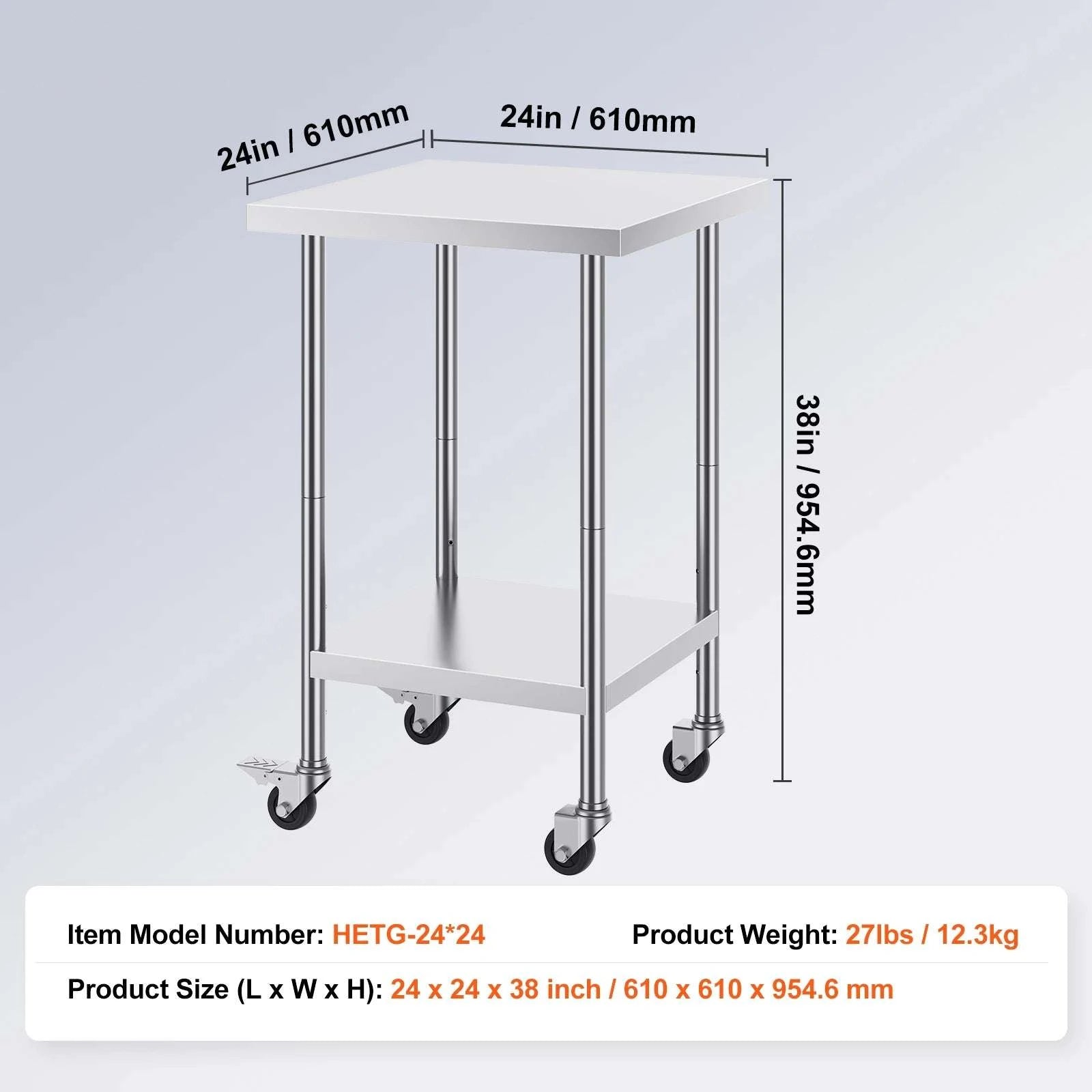 Stainless Steel Work Table with Wheels & Adjustable Shelves-30x12inch / spain