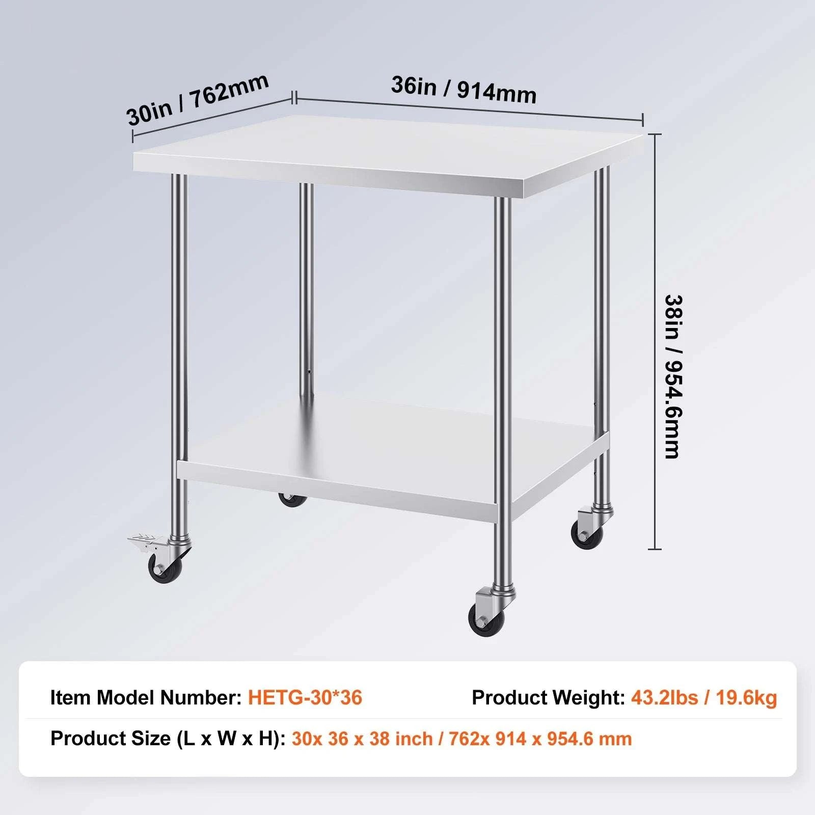 Stainless Steel Work Table with Wheels & Adjustable Shelves-30x12inch / spain