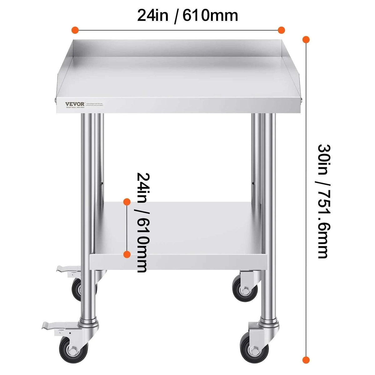 Stainless Steel Work Table with Wheels and Adjustable Shelf-30 x 36 in / GERMANY