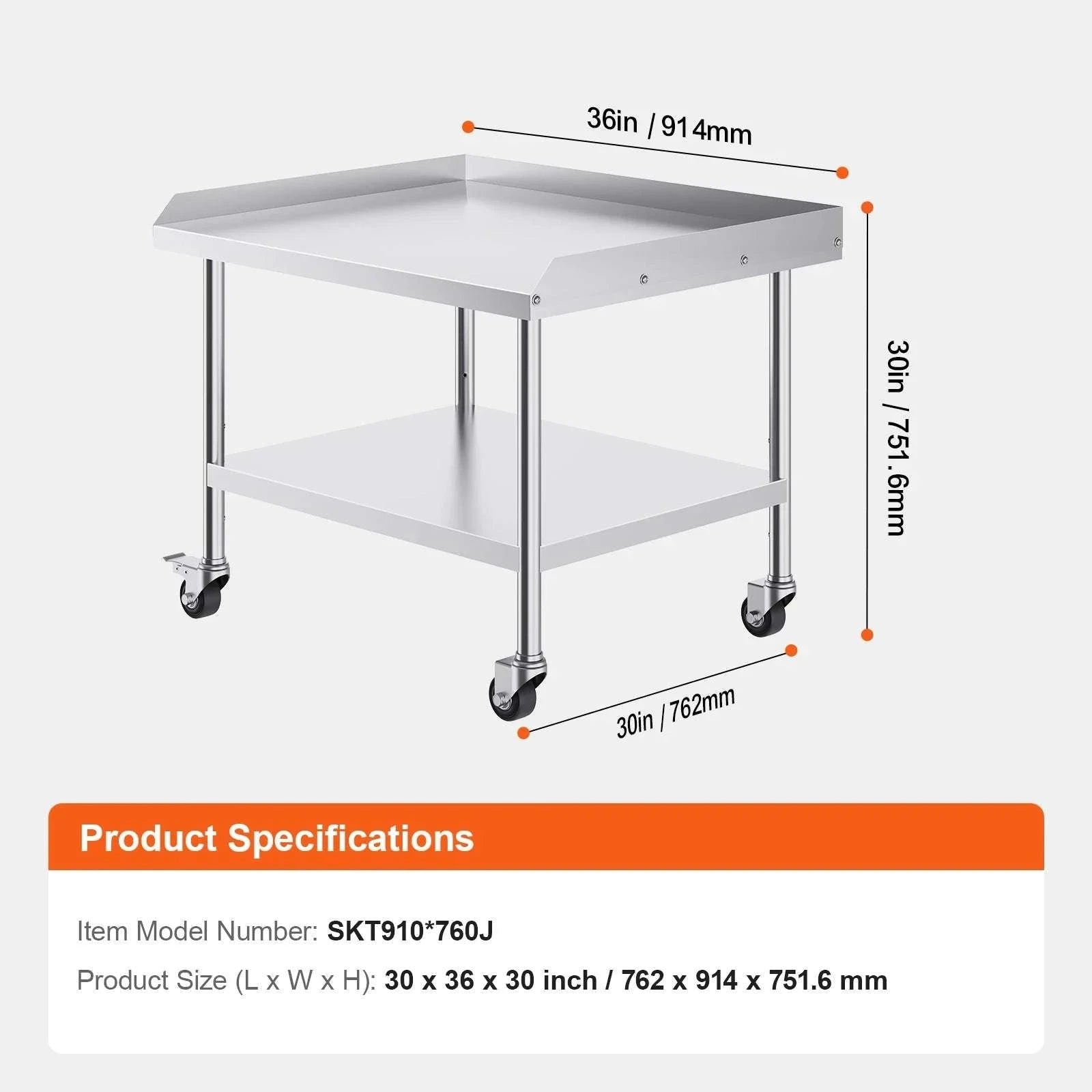 Stainless Steel Work Table with Wheels & Backsplash Prep Station-30x36inch / france