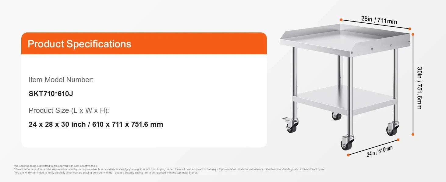 Stainless Steel Work Table with Wheels & Backsplash Prep Station-30x36inch / france