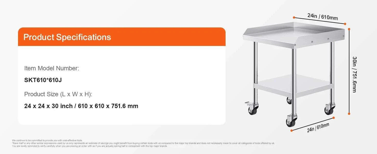 Stainless Steel Work Table with Wheels & Backsplash Prep Station-30x36inch / france