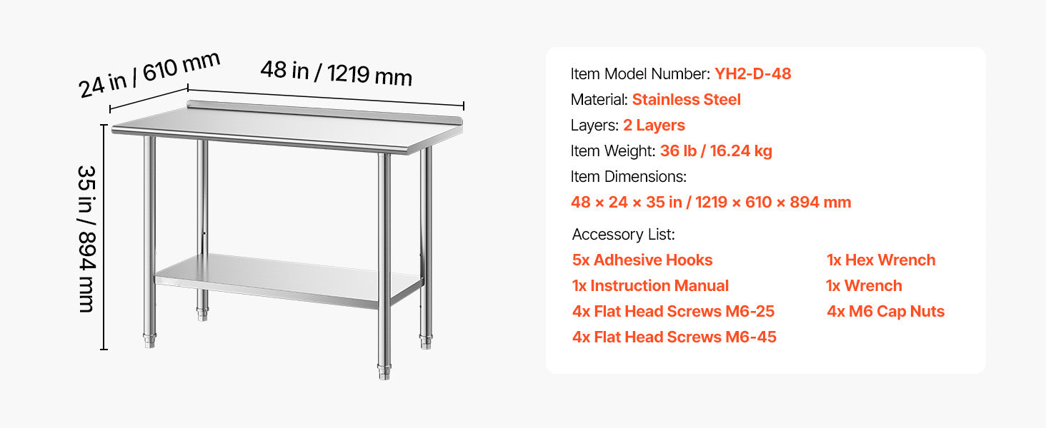 SucceBuy Stainless Steel Work Table with Backsplash Adjustable Undershelf Metal Utility Worktable for Restaurant Home Outdoor