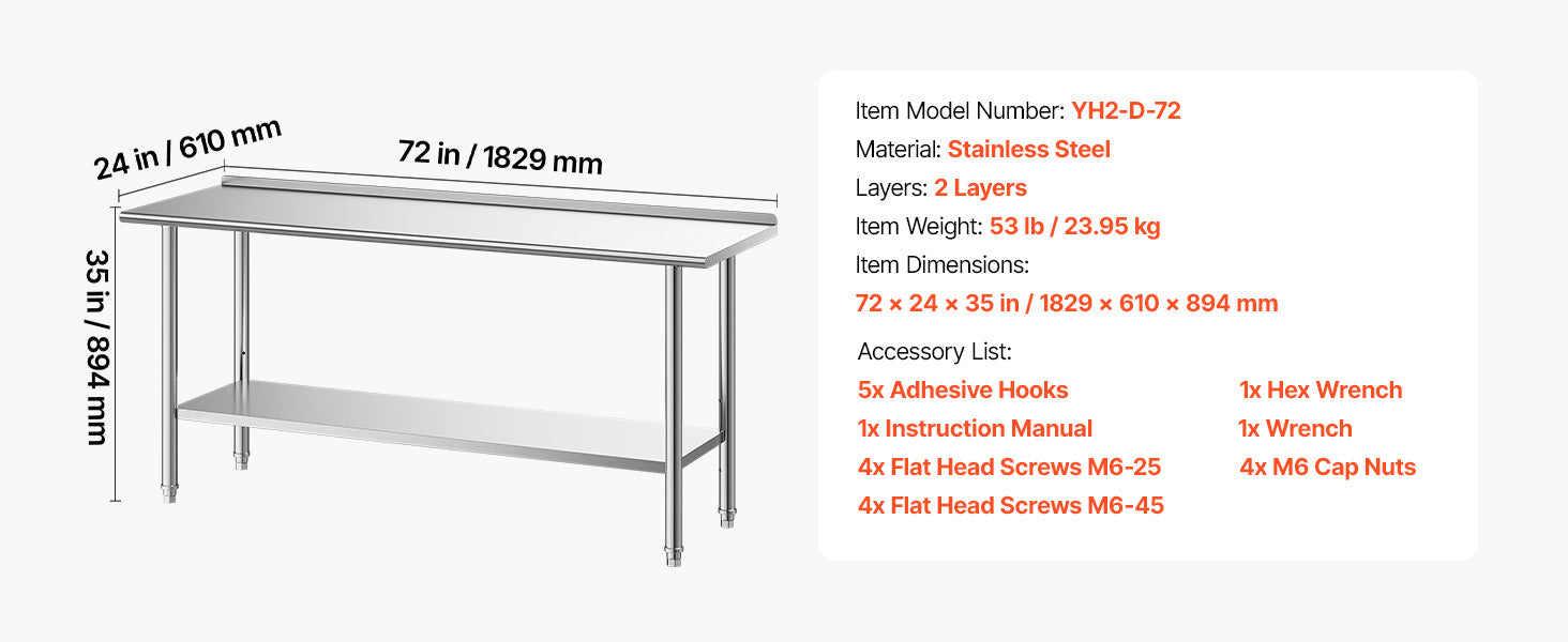 SucceBuy Stainless Steel Work Table with Backsplash Adjustable Undershelf Metal Utility Worktable for Restaurant Home Outdoor
