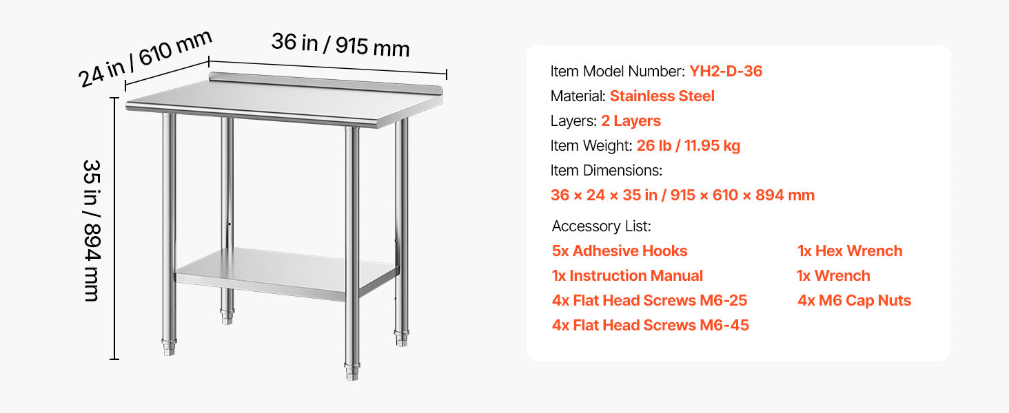 SucceBuy Stainless Steel Work Table with Backsplash Adjustable Undershelf Metal Utility Worktable for Restaurant Home Outdoor