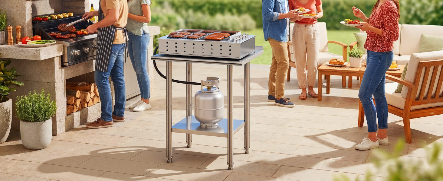SucceBuy Stainless Steel Work Table with Backsplash Adjustable Undershelf Metal Utility Worktable for Restaurant Home Outdoor