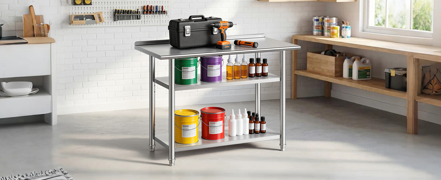 Mesa de Trabalho em Inox 24x48 polegadas SucceBuy com 2 prateleiras e alça de backsplash, estação de trabalho para cozinha comercial para restaurante e casa