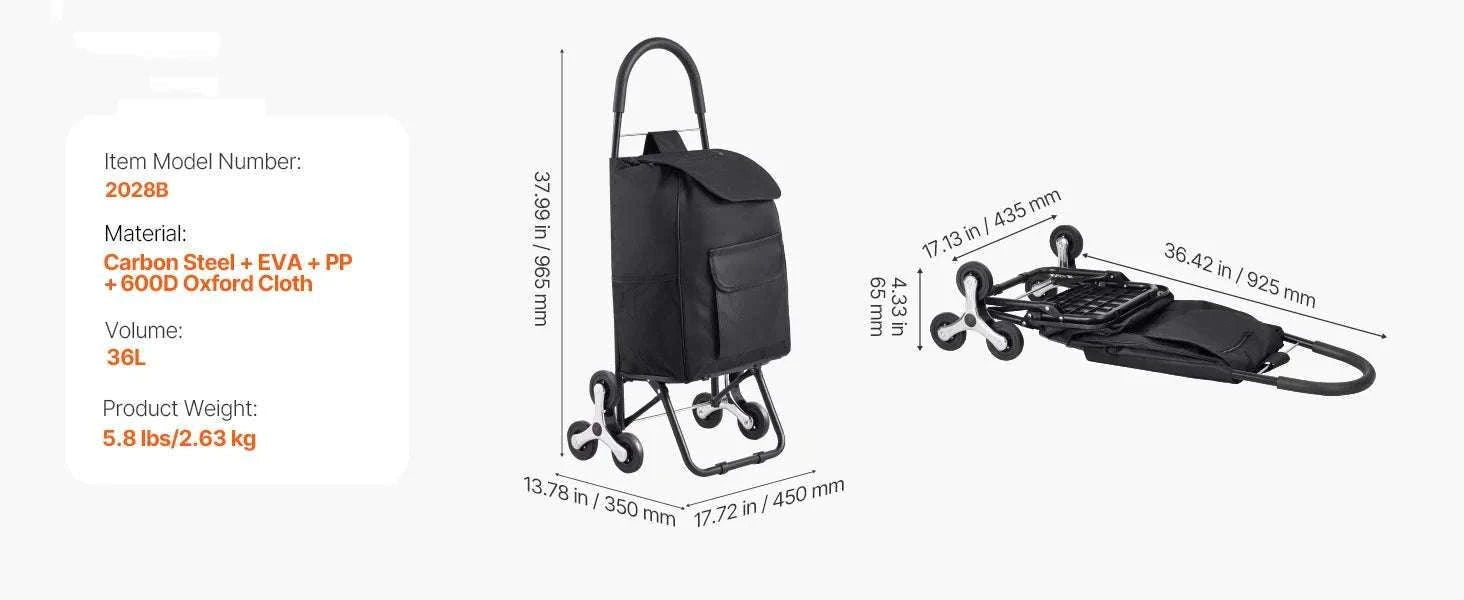 Stair Climbing Folding Grocery Cart 36L 110lbs Heavy Duty Trolley-36L / CZECH REPUBLIC