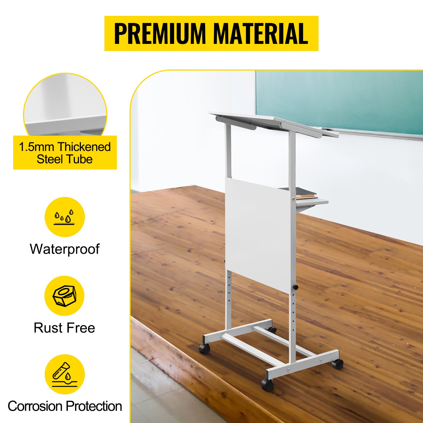 Height Adjustable Portable Standing Lectern with Casters and Storage Shelf