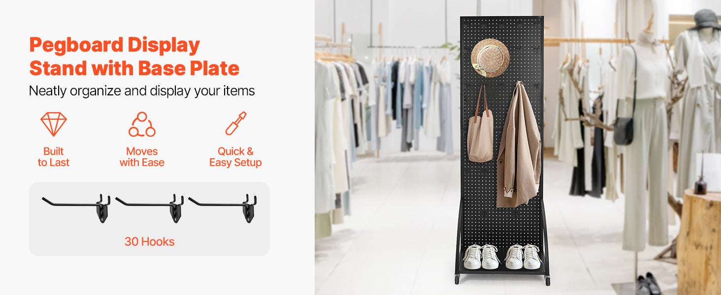Standing Pegboard Display Rack with Casters & 30 Hooks Steel Panel-black / United States