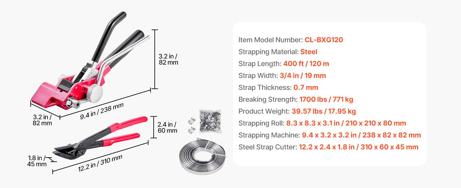 Steel Banding Strapping Kit with Tensioner, Cutter & 200/400ft रोल-200ft Strap / United States