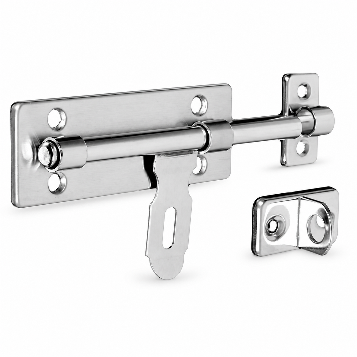 Stainless steel barrel bolt and hasp plate on white background
