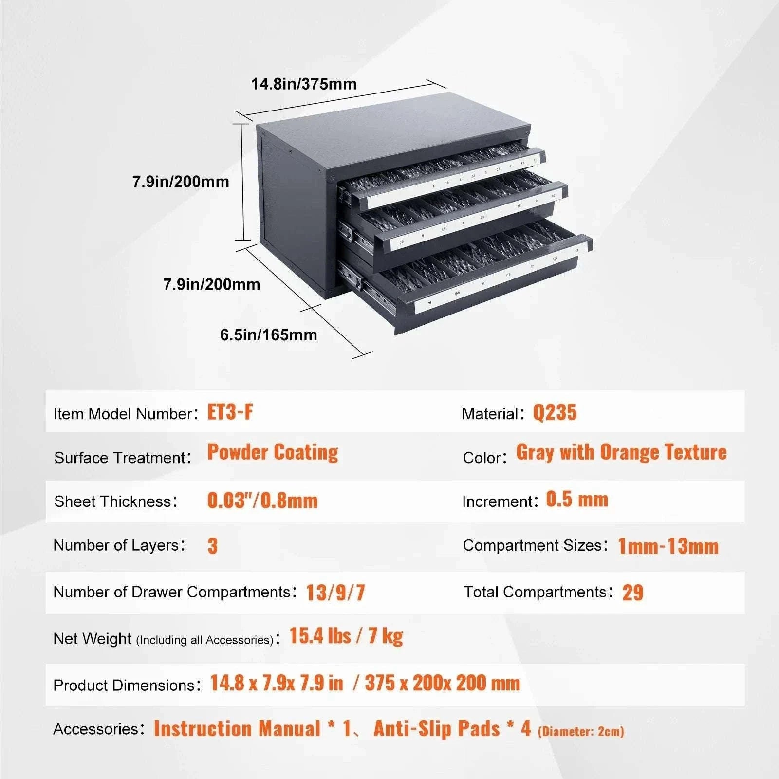 Steel Drill Bit Organizer Cabinet with Drawers and Labeled Slots-29PCs ET3-F / United States