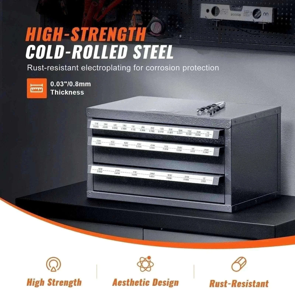 Steel Drill Bit Organizer Cabinet with Drawers and Labeled Slots-29PCs ET3-F / United States