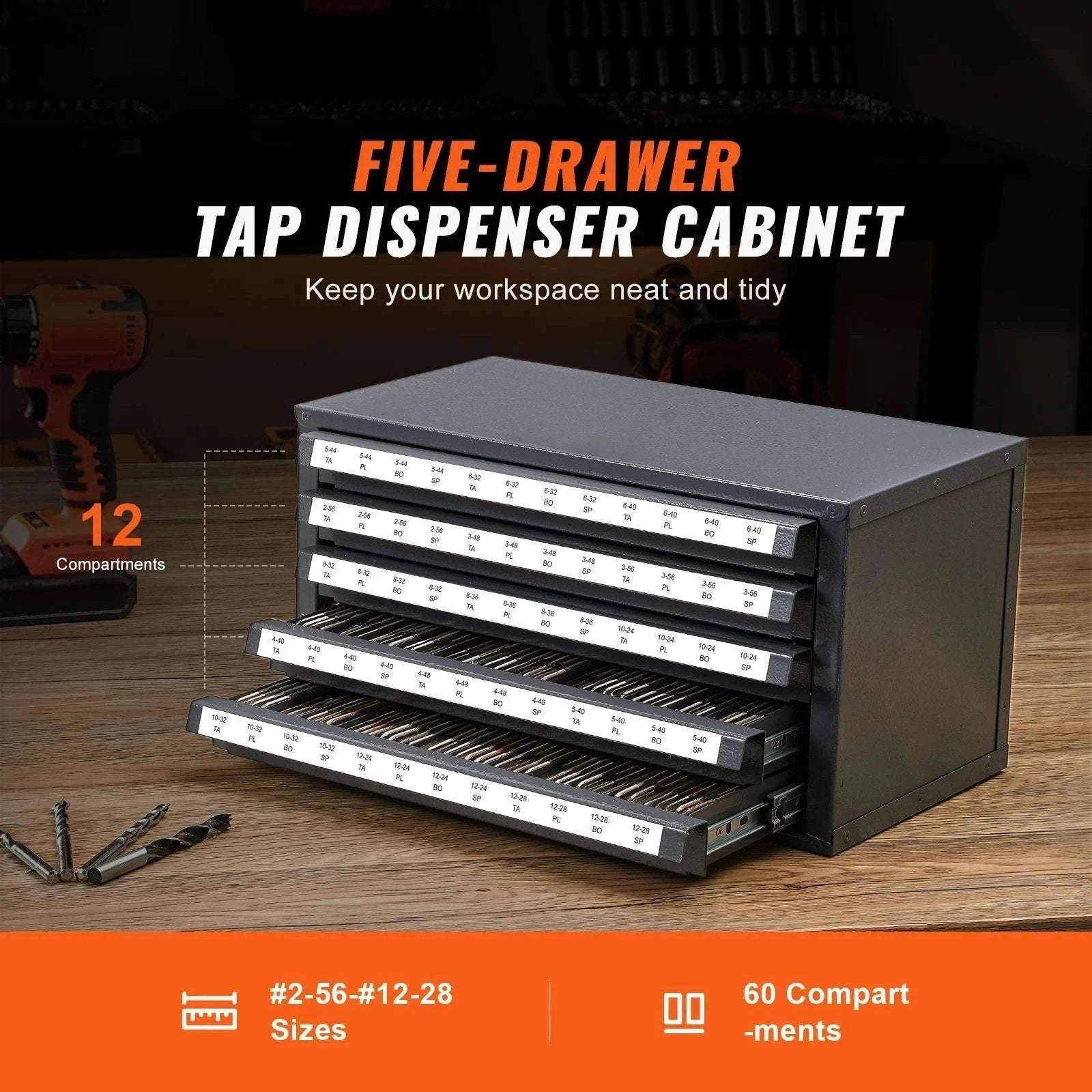 Steel Drill Bit Organizer Cabinet with Drawers and Labeled Slots-29PCs ET3-F / United States