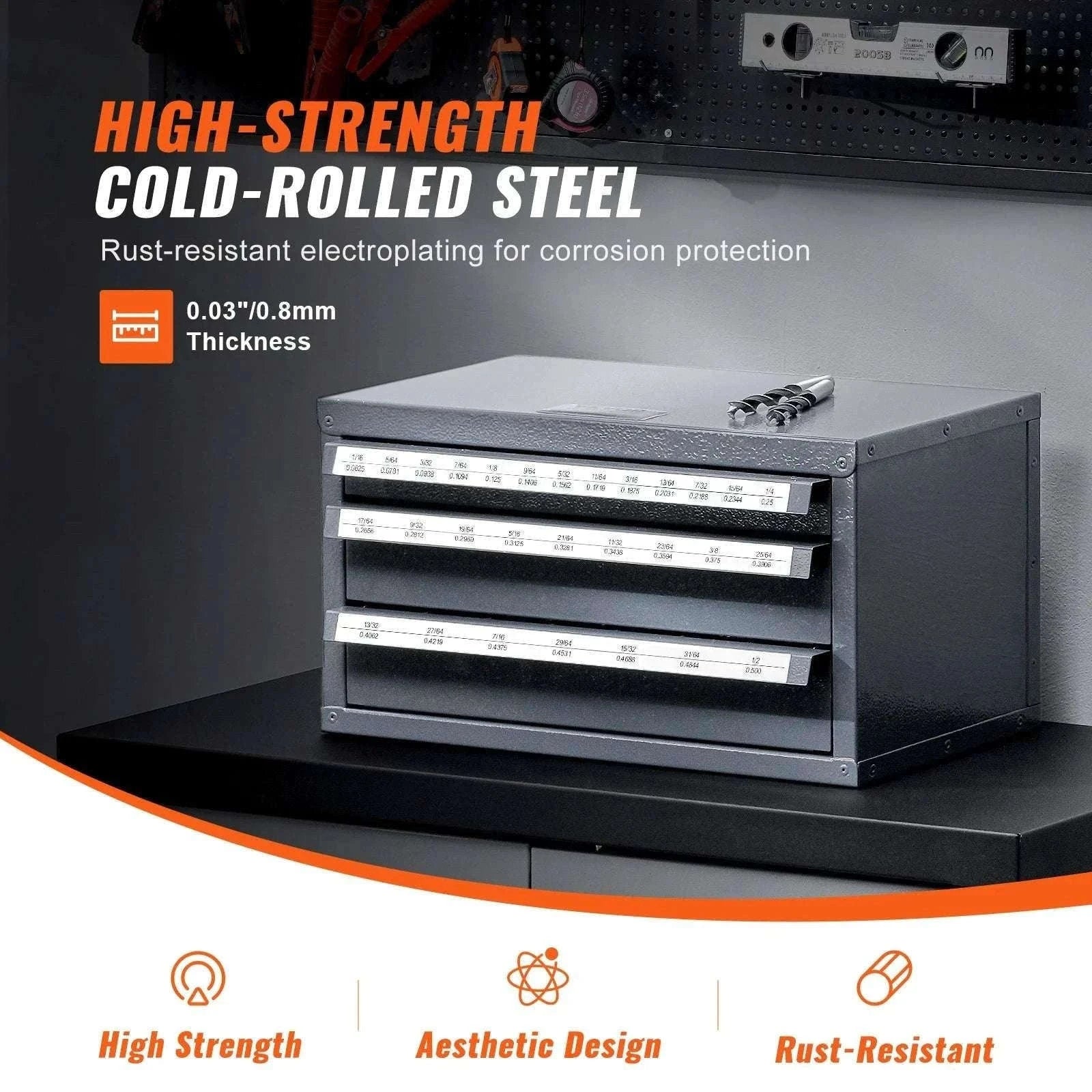 Steel Drill Bit Organizer Cabinet with Drawers and Labeled Slots-29PCs ET3-F / United States