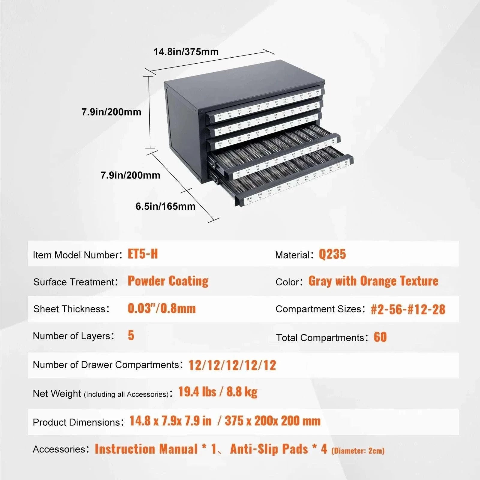 Steel Drill Bit Organizer Cabinet with Drawers and Labeled Slots-29PCs ET3-F / United States