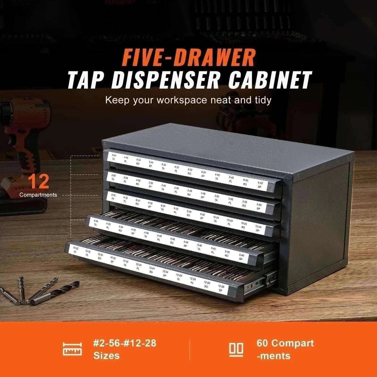 Steel Drill Bit Organizer Cabinet with Drawers and Labeled Slots-29PCs ET3-F / United States