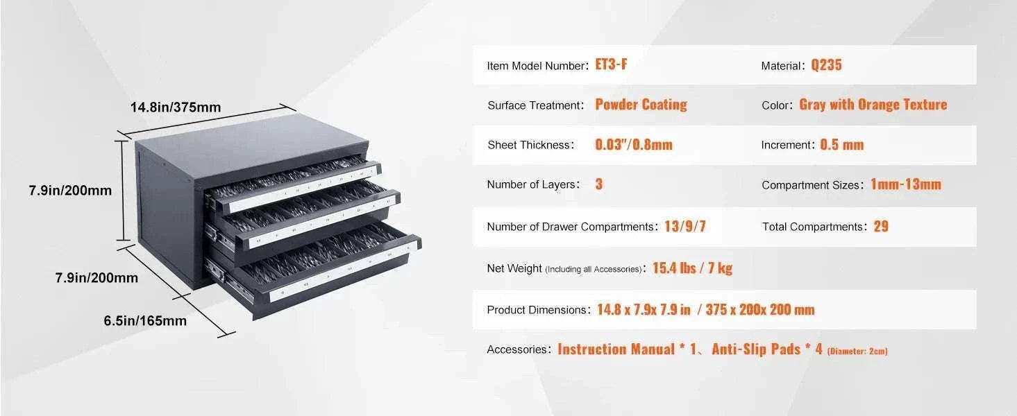 Steel Drill Bit Organizer Cabinet with Drawers and Labeled Slots-29PCs ET3-F / United States