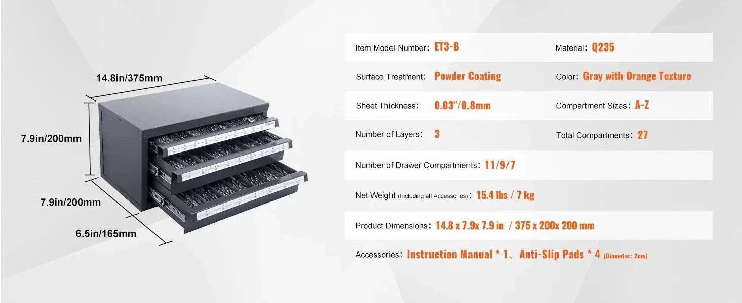 Steel Drill Bit Organizer Cabinet with Drawers and Labeled Slots-29PCs ET3-F / United States