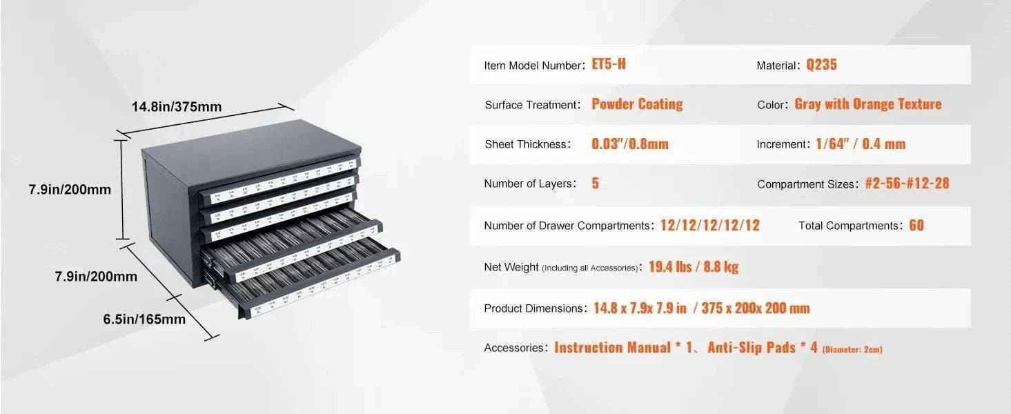 Steel Drill Bit Organizer Cabinet with Drawers and Labeled Slots-29PCs ET3-F / United States