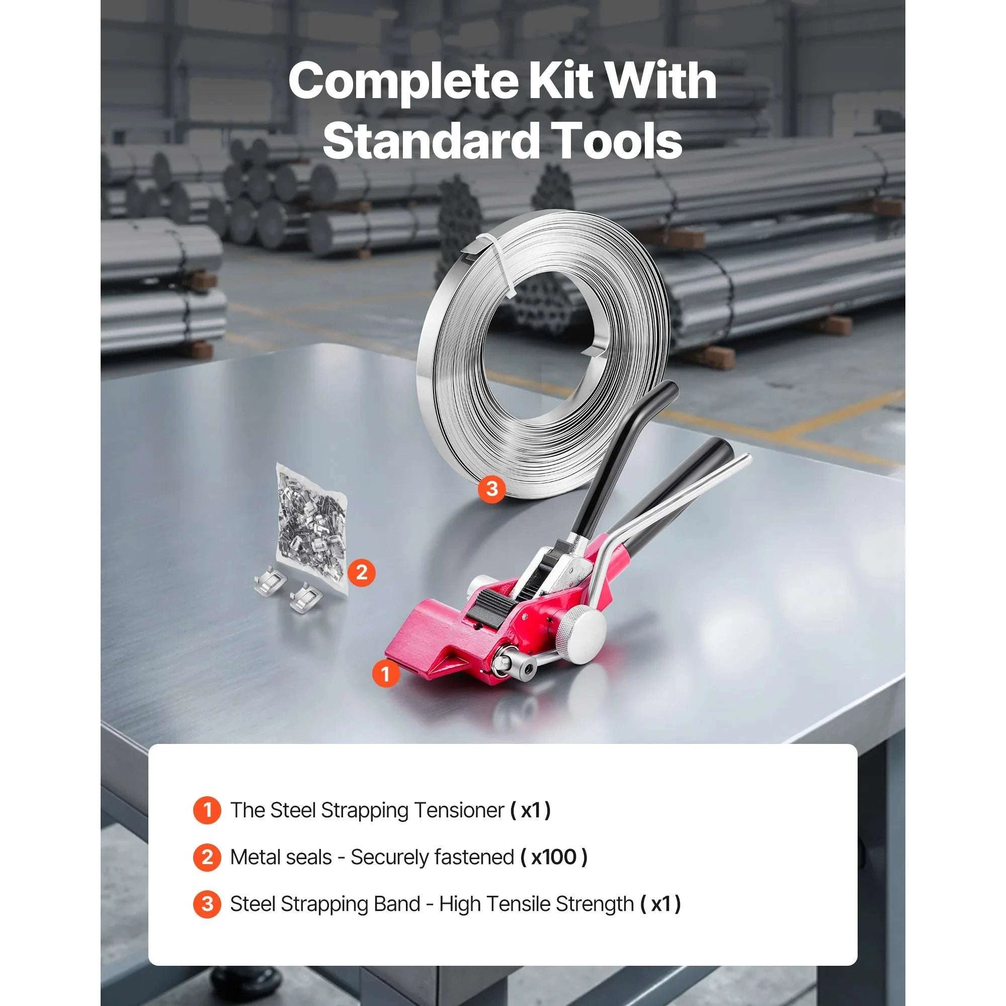 Steel Pallet Banding Strapping Kit with Tensioner & 100 Seals-Red / United States