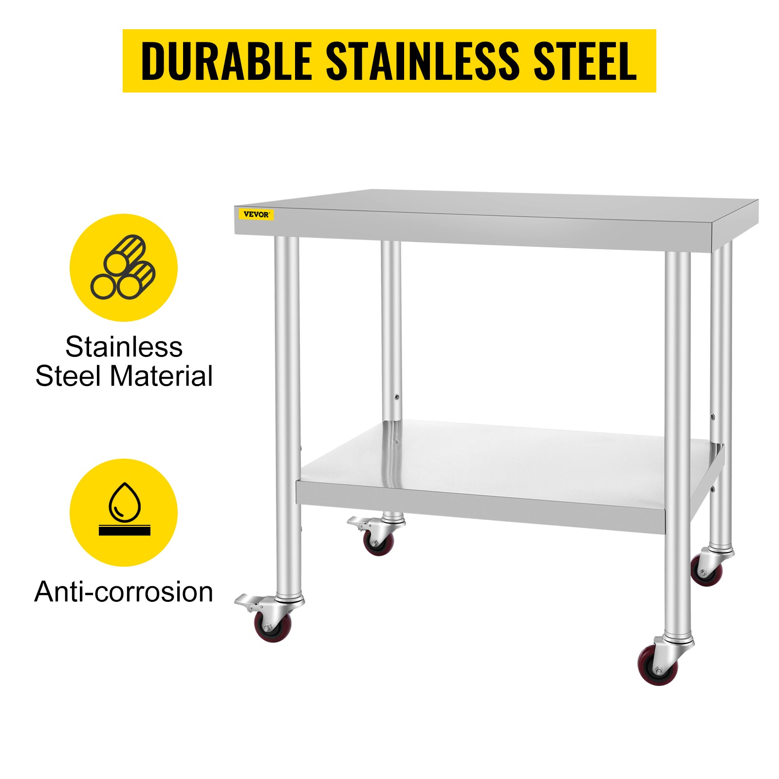 Stainless Steel Kitchen Prep Table with Wheels & Adjustable Shelf