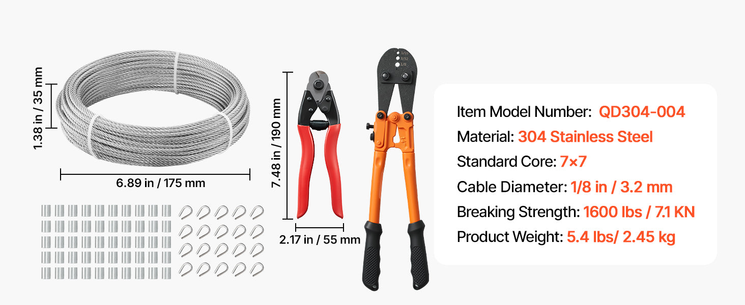 Komplet užeta od nehrđajućeg čelika 1/8" 100ft s rezačem 1600lbs