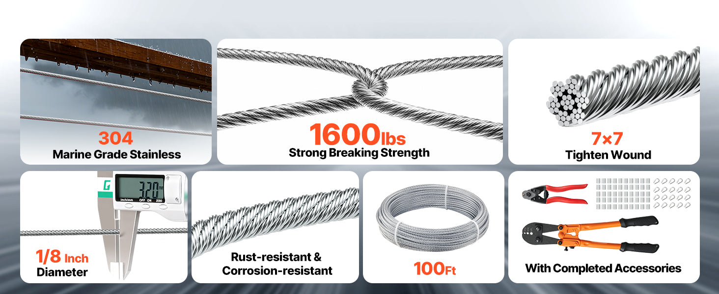 Komplet užeta od nehrđajućeg čelika 1/8" 100ft s rezačem 1600lbs