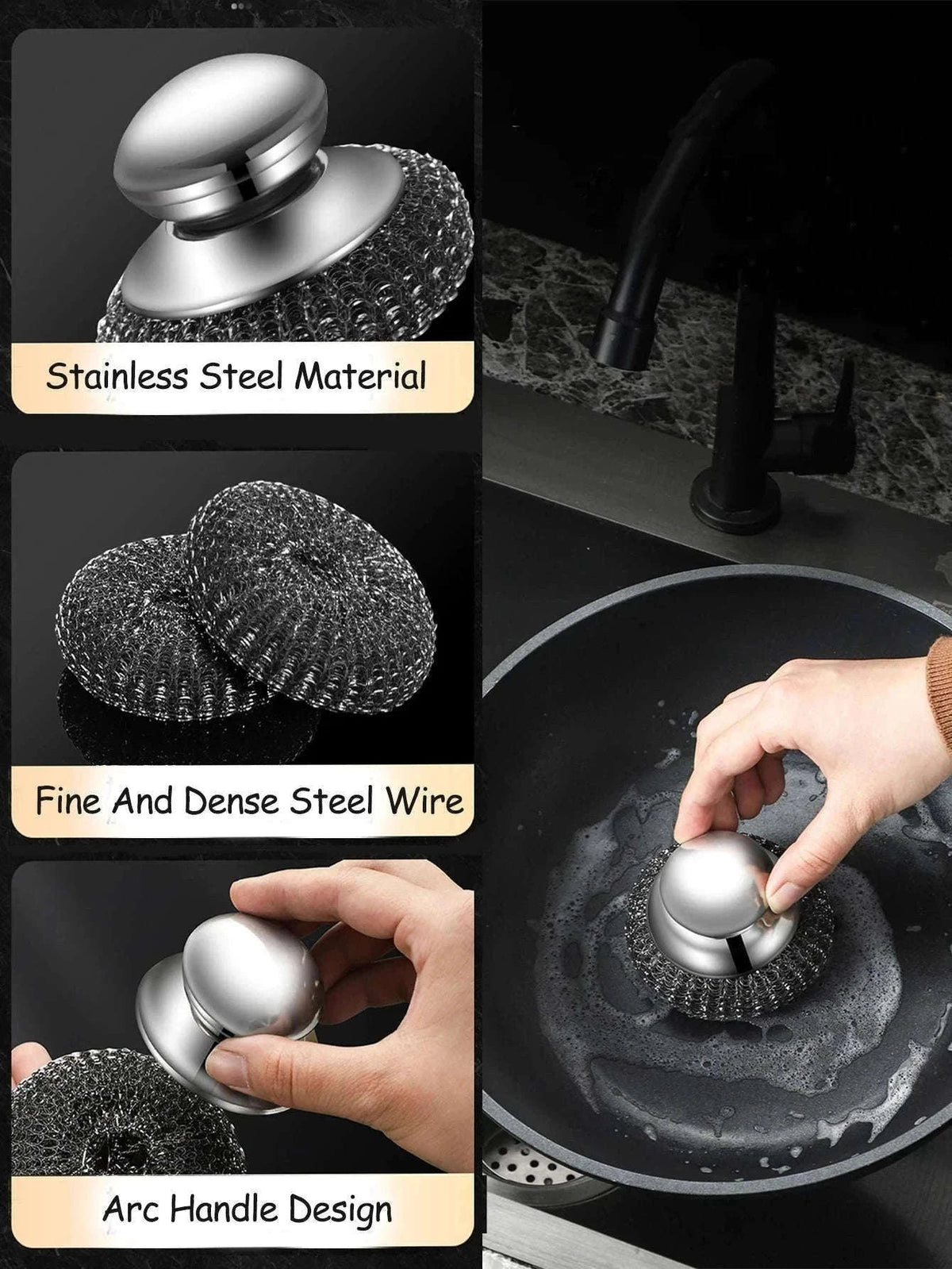 Steel Wool Scrubber with Handle for Tough Kitchen Cleaning-1PC