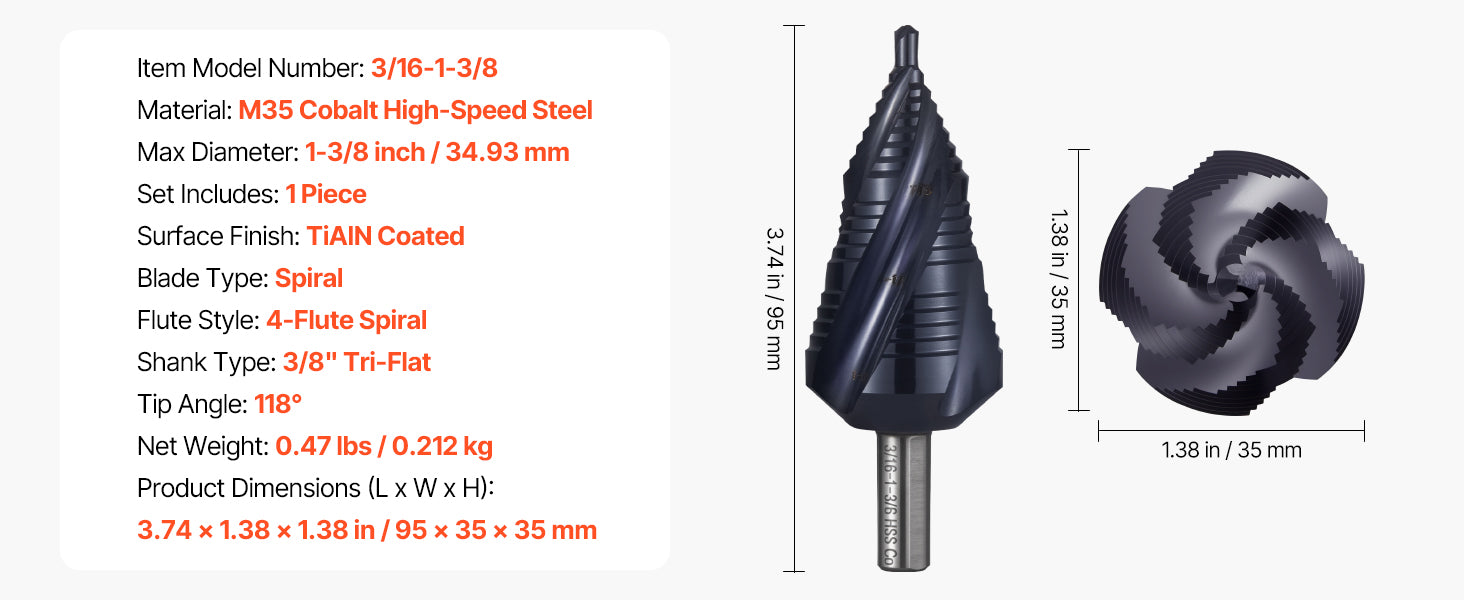 Stufenbohrer-Set für Metall mit 9 Größen, TiAlN-beschichteter HSS