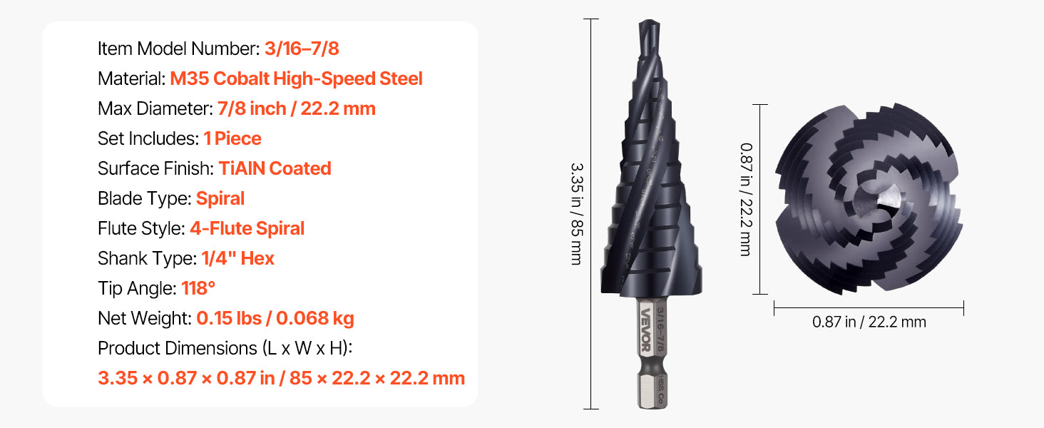 Stufenbohrer-Set für Metall mit 9 Größen, TiAlN-beschichteter HSS