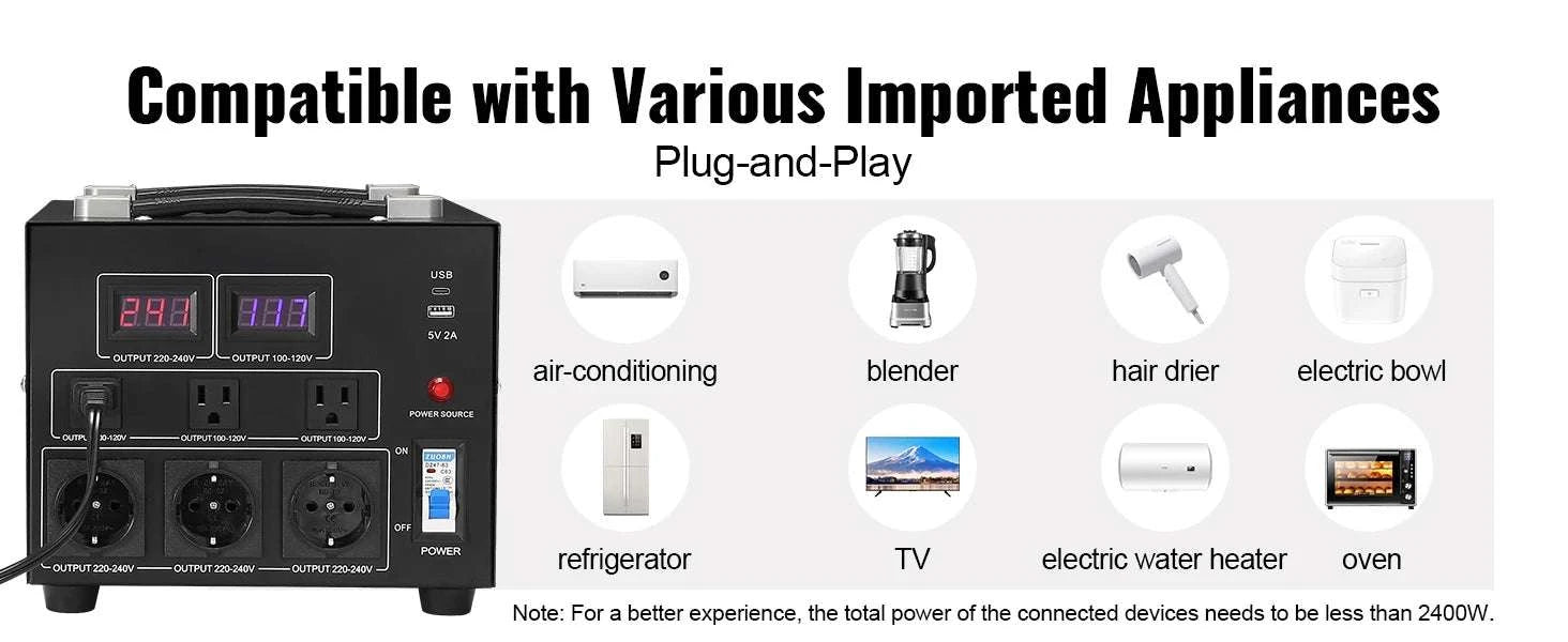Step Up Down Voltage Converter 2000VA–5000VA with USB & EU/US Outlets-5000VA / spain