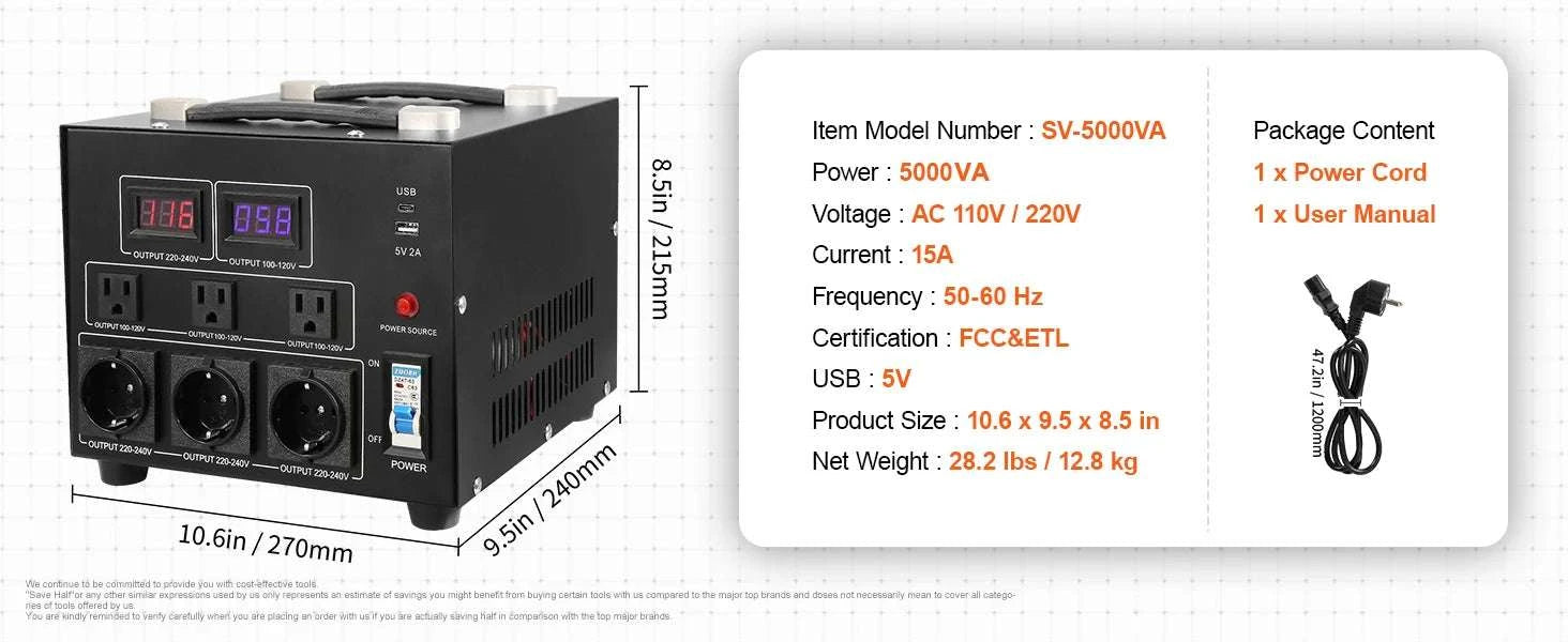 Step Up Down Voltage Converter 2000VA–5000VA with USB & EU/US Outlets-5000VA / spain