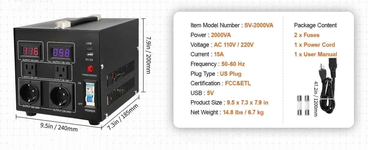 Step Up Down Voltage Converter 2000VA–5000VA with USB & EU/US Outlets-5000VA / spain