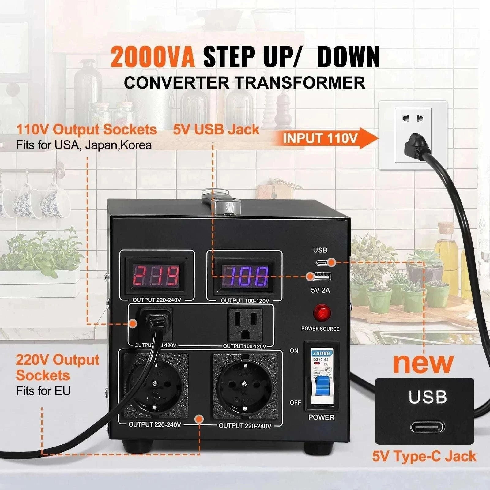 Step Up Down Voltage Converter 2000VA–5000VA with USB & EU/US Outlets-